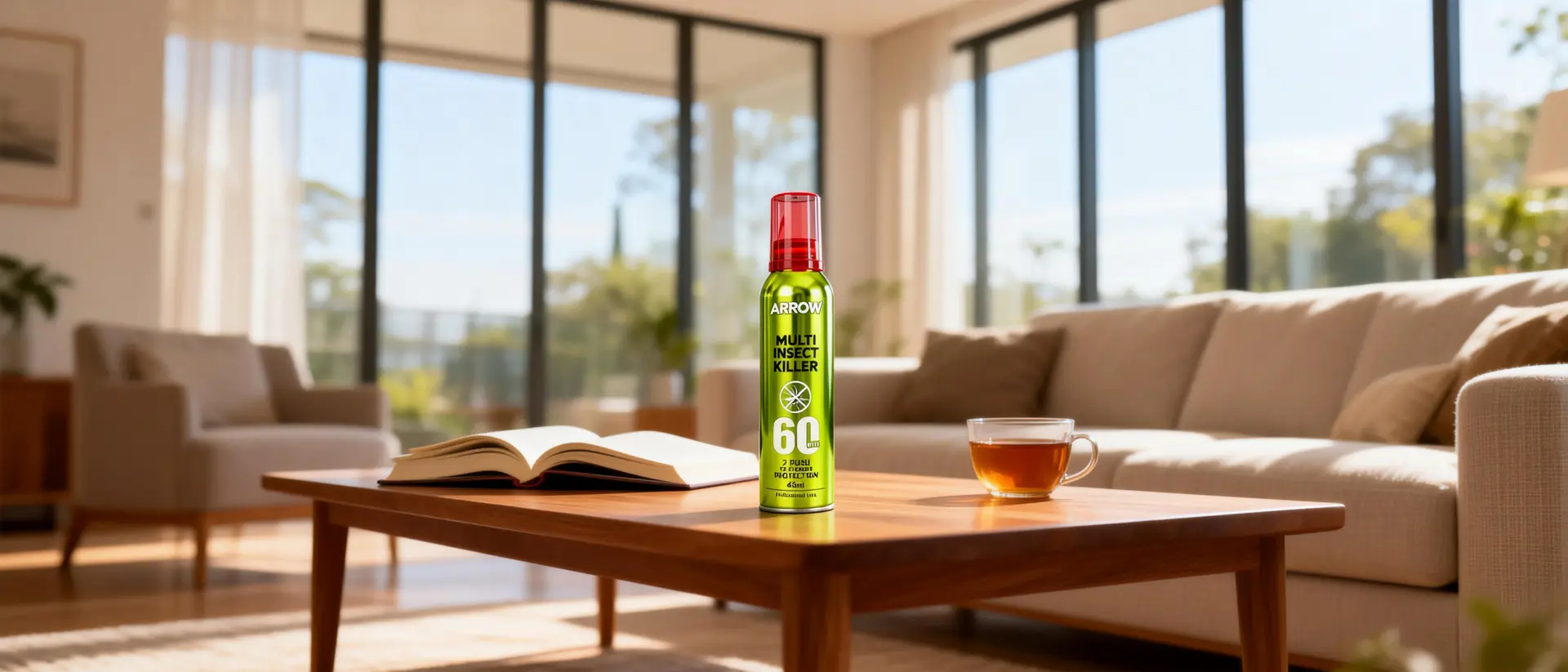 ARROW Multi Insect Killer 45ml 2-push indoor spray, green can with red nozzle placed on a table.