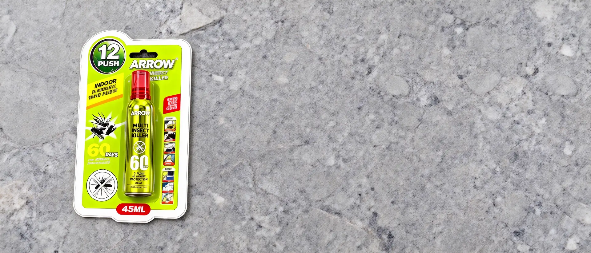 ARROW Multi Insect Killer 45ml blister packaging with 2-push usage instructions.