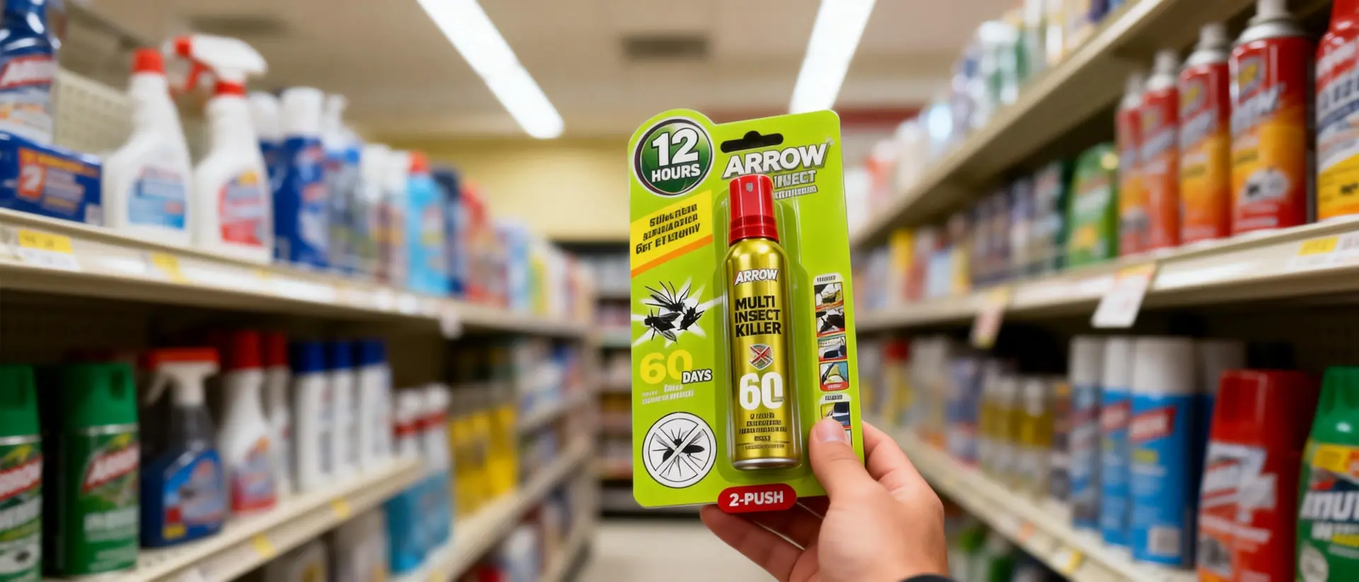 Collage of ARROW Multi Insect Killer 2-push spray in home and retail environments.