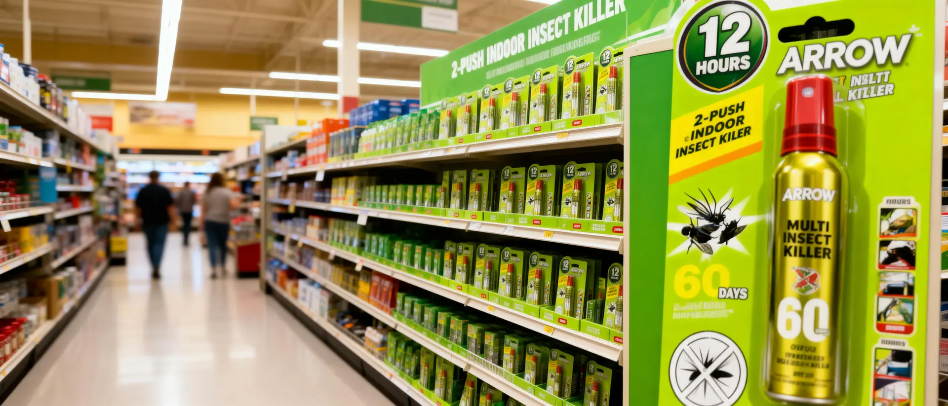Collage of ARROW Multi Insect Killer 2-push spray in home and retail environments.