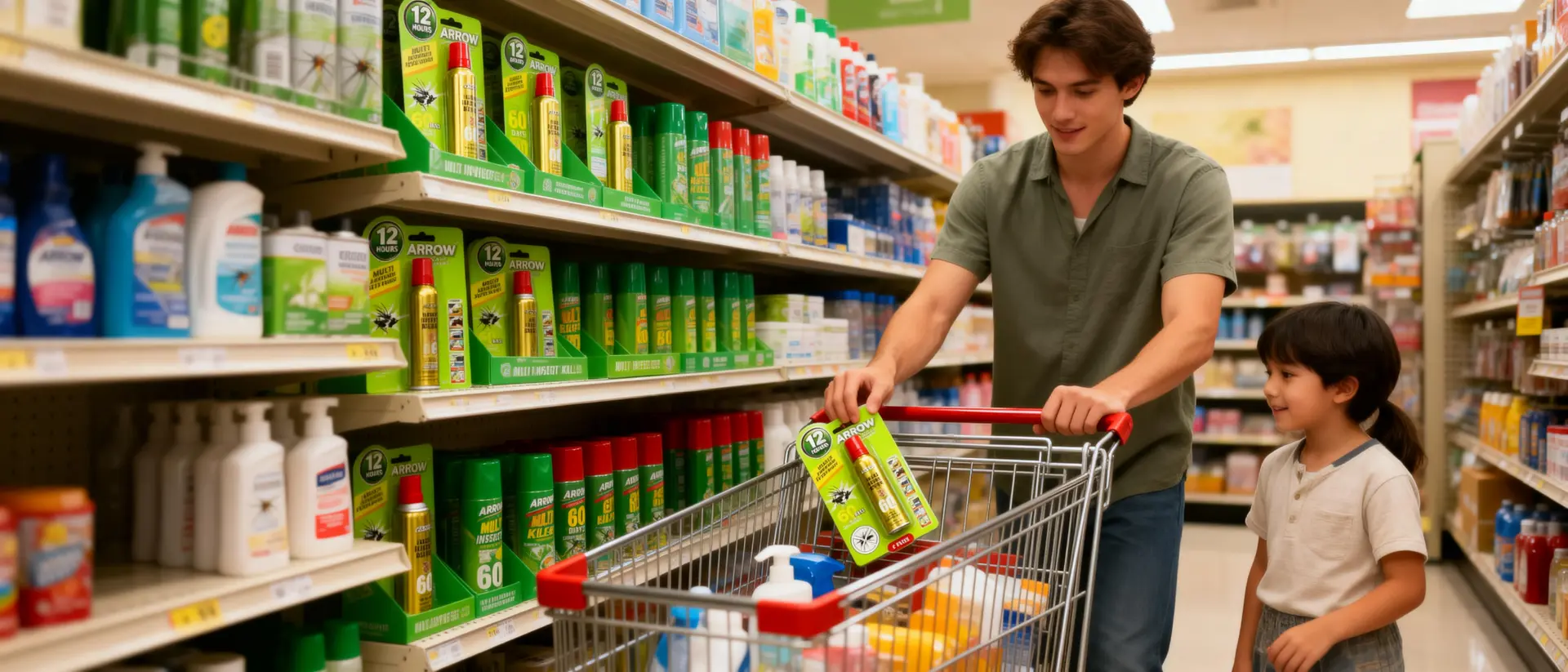 Consumer selecting ARROW Multi Insect Killer 2-push spray at a supermarket shelf.