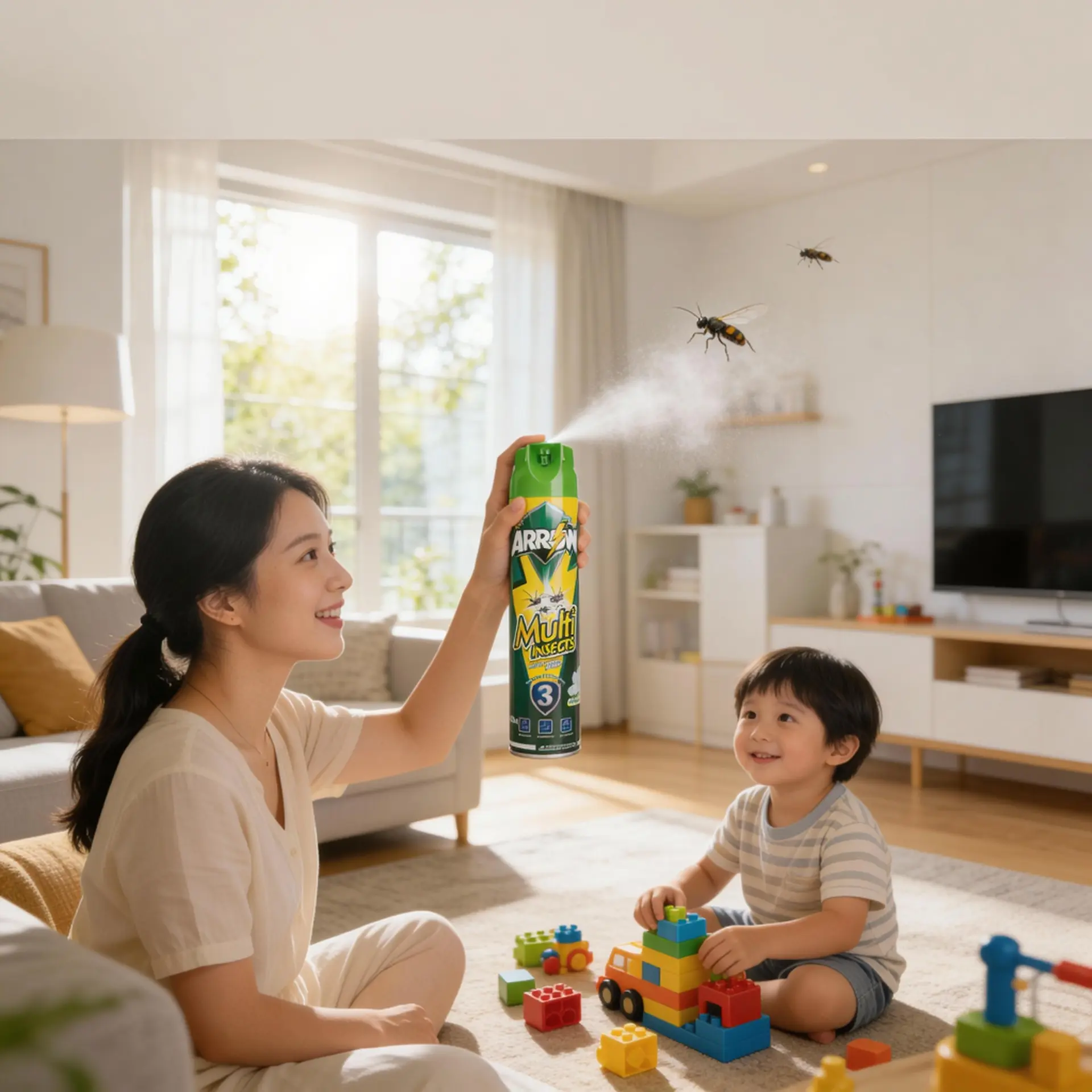 Family using ARROW Multi Insects insecticide spray at home for mosquito control