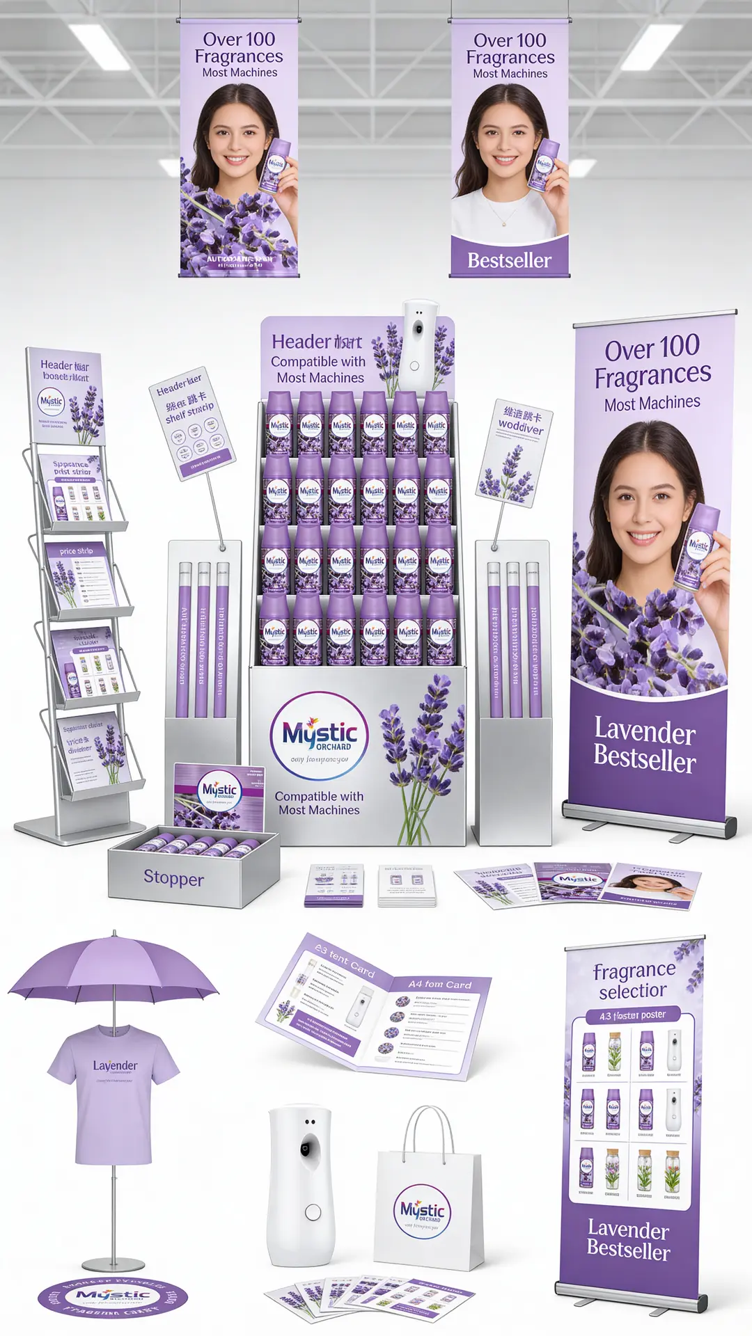 Mystic Orchard 250ml spray refill POSM marketing kit collage: posters, shelf talkers, wobblers, standees.