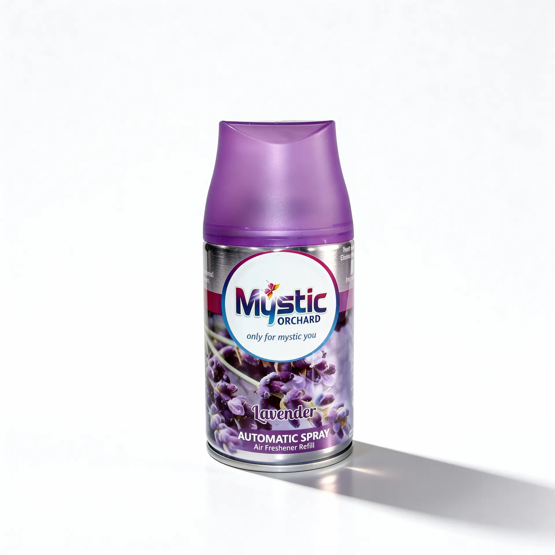 Mystic Orchard Lavender 250ml automatic spray air freshener refill product packshot on clean background.