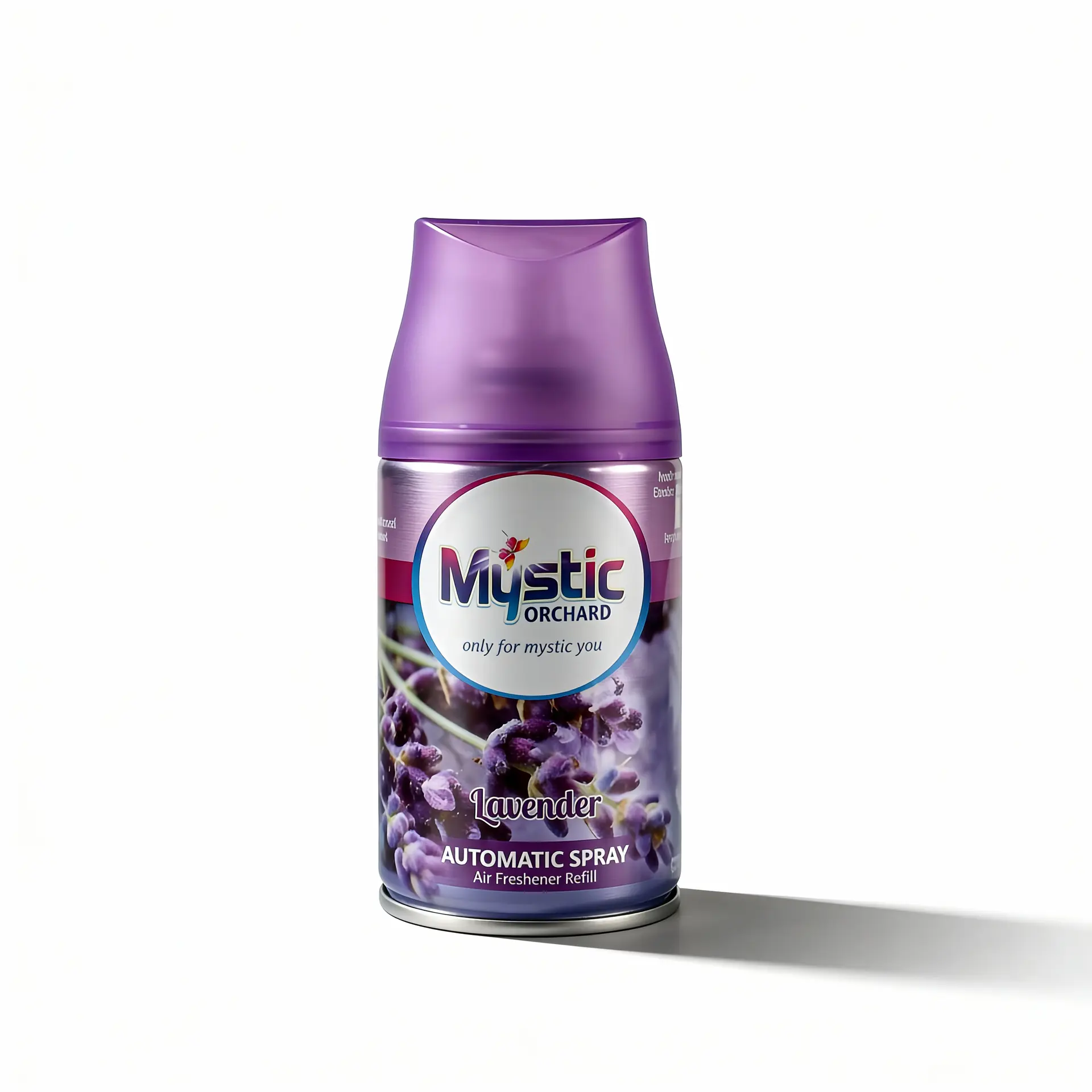 Mystic Orchard Lavender 250ml automatic spray air freshener refill product packshot on clean background.