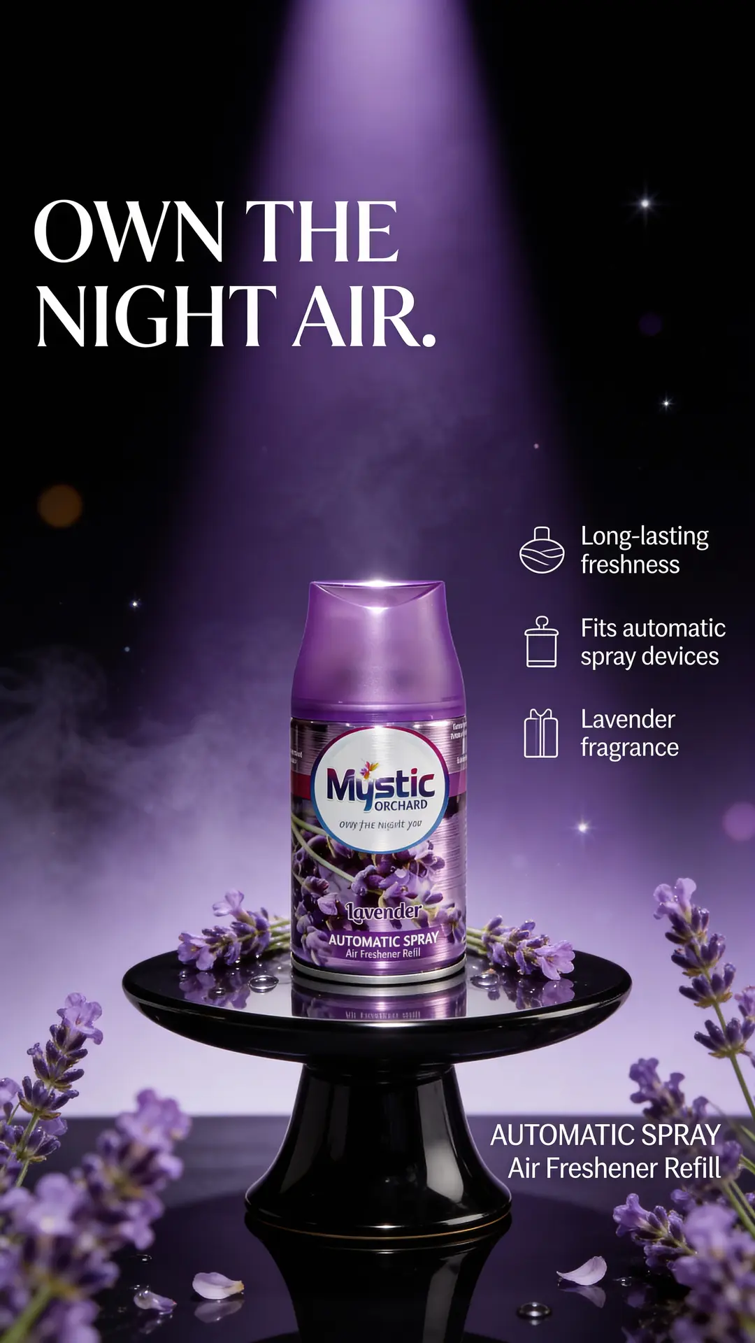 Mystic Orchard Lavender 250ml spray refill promotional poster with fragrance mist and premium purple background.