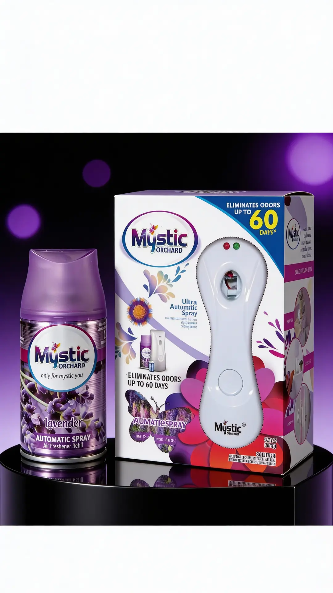 Mystic Orchard Lavender 250ml spray refill promotional poster with fragrance mist and premium purple background.