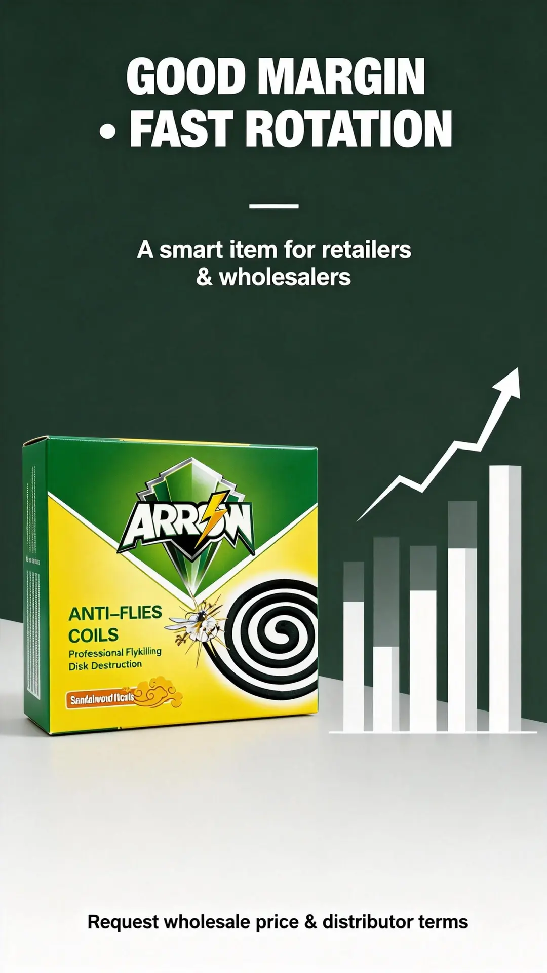 ARROW Anti-Flies Coils banner with packshot and upward sales chart