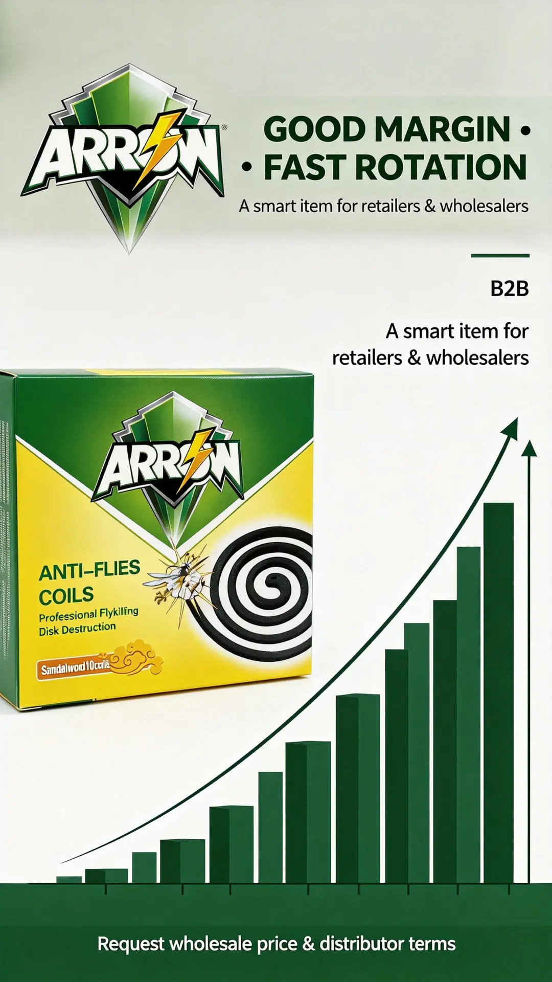 ARROW Anti-Flies Coils hero banner with packshot and rising performance chart