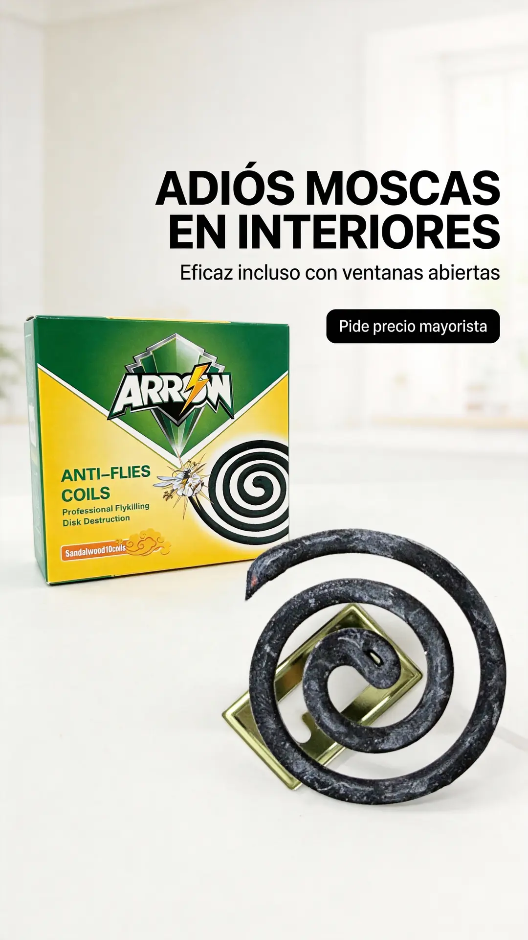 Spanish indoor poster: ARROW Anti-Flies Coils packshot with coil disc