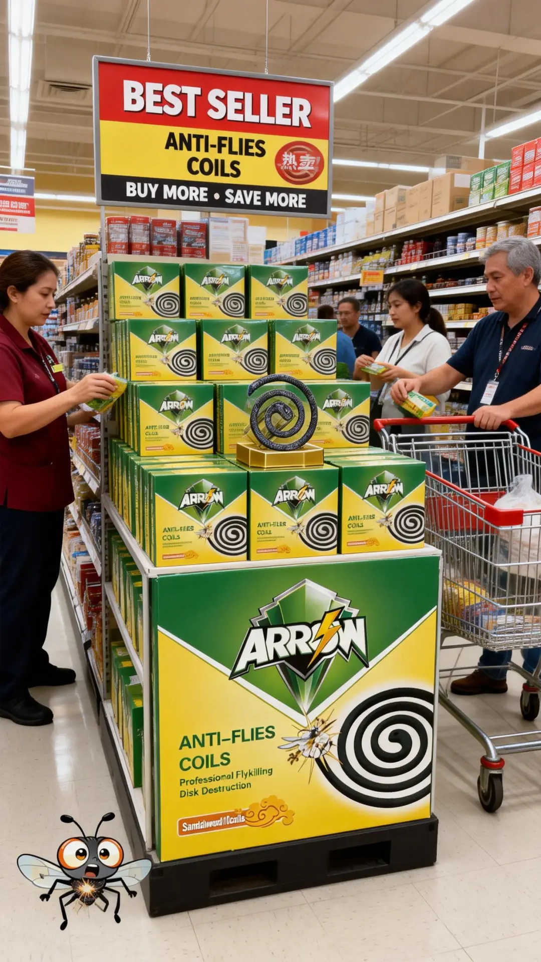 In-store promotion: shoppers choosing ARROW Anti-Flies Coils from shelf display