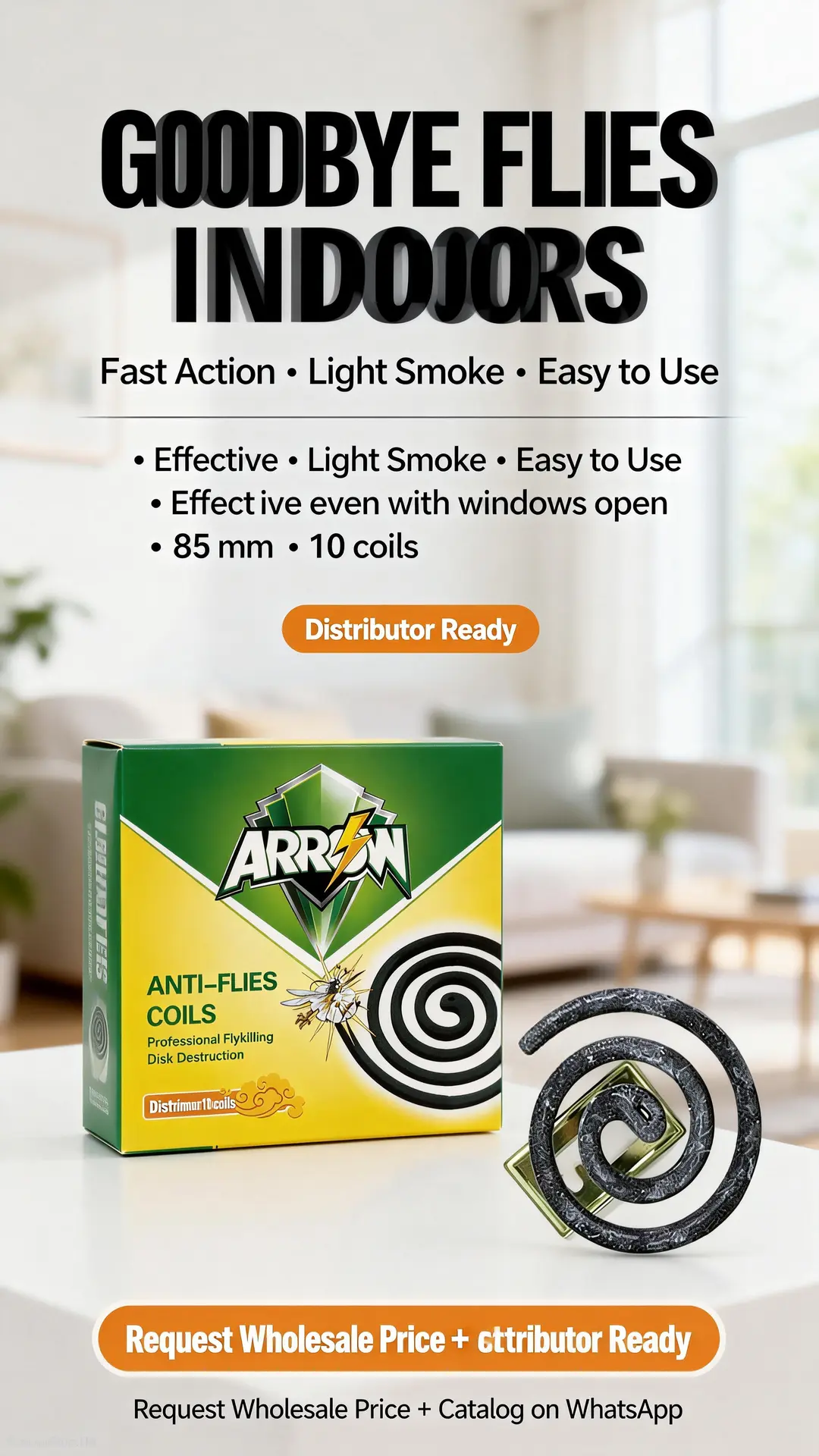 Promotional poster mockup featuring ARROW Anti-Flies Coils packshot and call-to-action