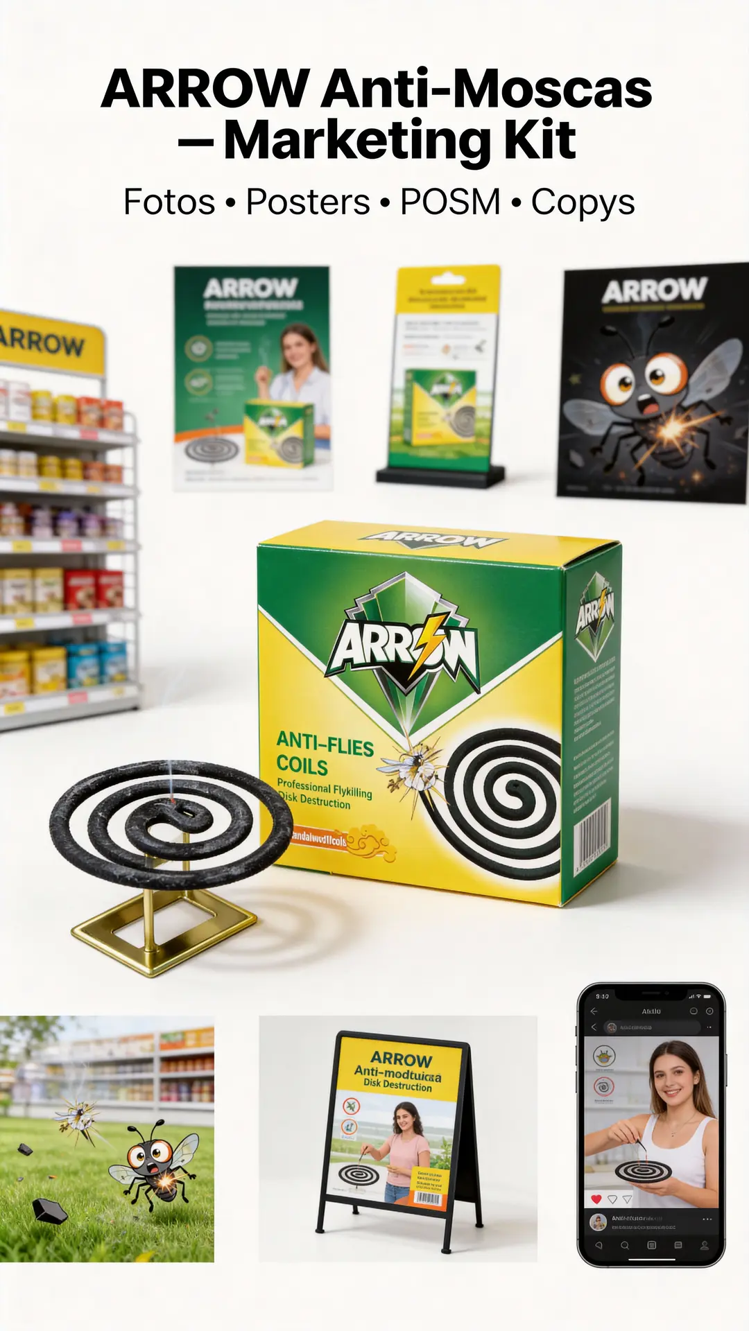 Marketing resources layout showing ARROW Anti-Flies Coils packshot and retail visuals