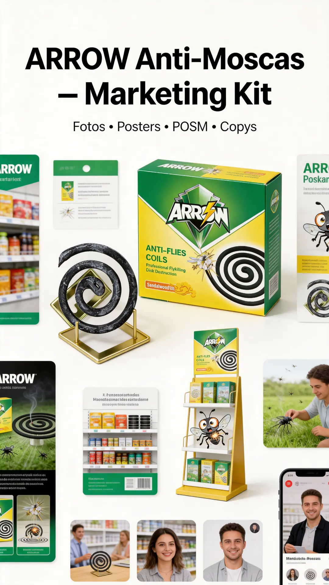 ARROW Anti-Flies Coils marketing kit collage: packshot, posters, POSM and social assets
