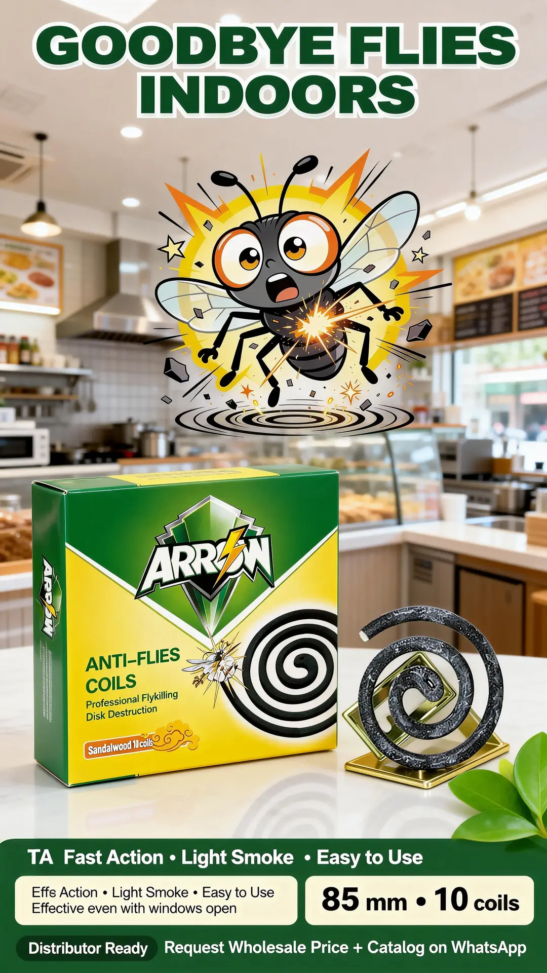 Kitchen scene with ARROW Anti-Flies Coils packshot, coil stand, and scared fly graphic