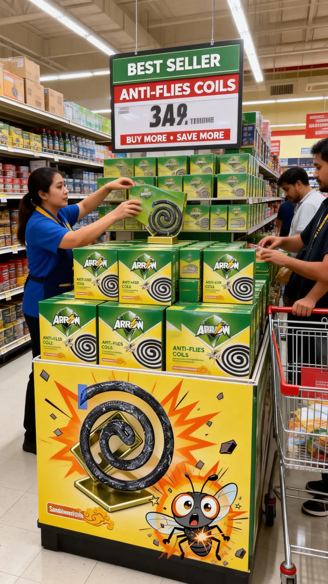 Hot-selling in-store display: ARROW Anti-Flies Coils stacked promotion with shoppers
