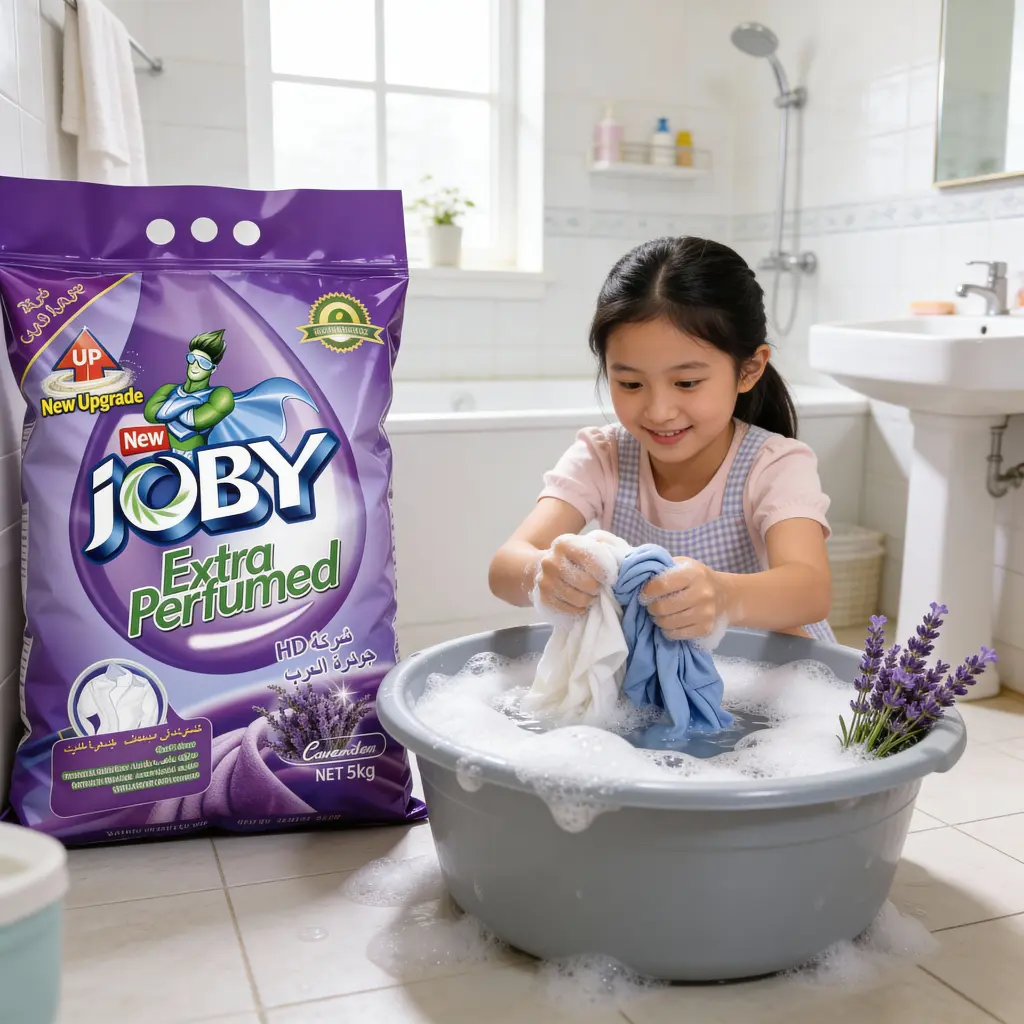 jimeng-2025-12-10-3059-年轻妈妈在明亮的卫生间手洗衣服，旁边放着一袋 JOBY Extra Perfum....webp