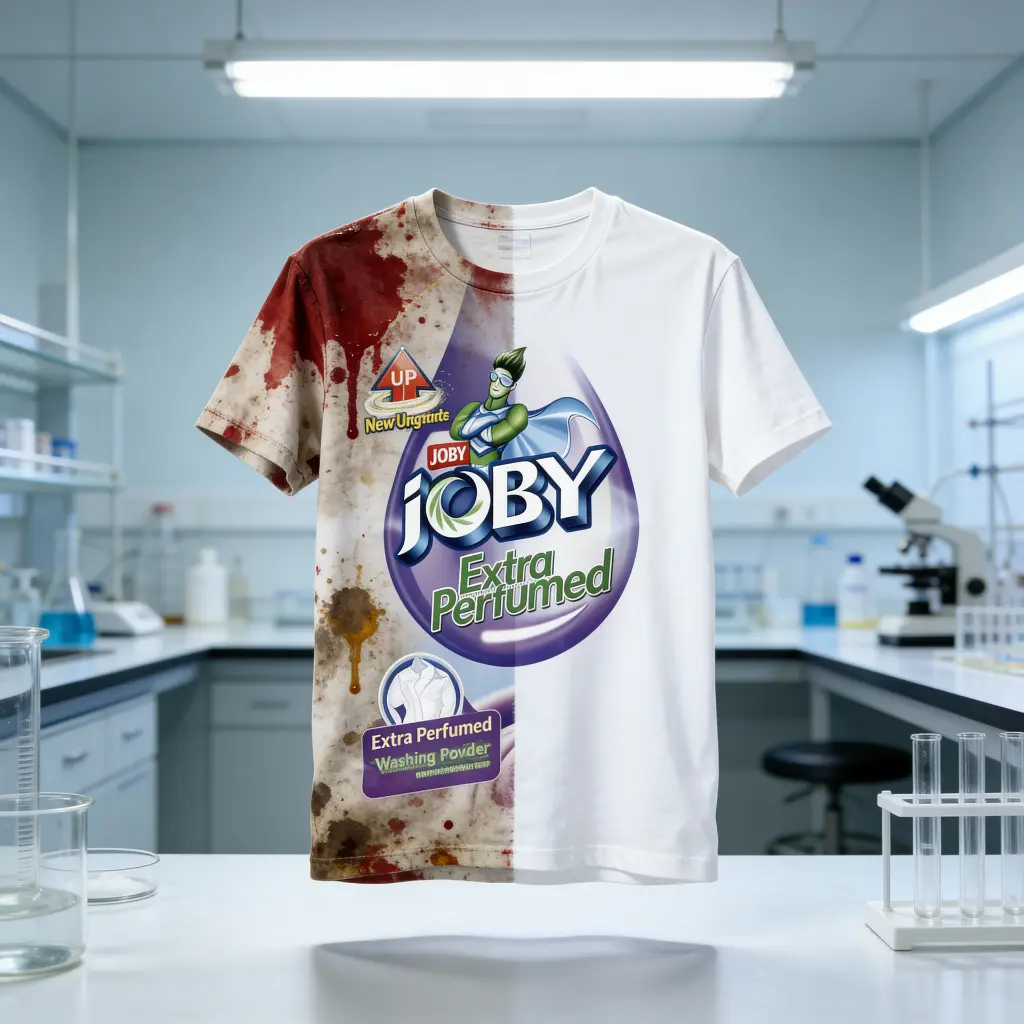jimeng-2025-12-10-5345-一件 T 恤左半边有血渍、油渍，右半边洗净洁白，下面标注使用 _JOBY Ext....webp